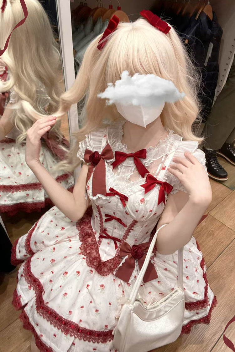 ワインレッド [ファーストラブローズ] 多層プリント フリル ボウノット レース スイートロリータ ジャンパースカート ドレスセット 