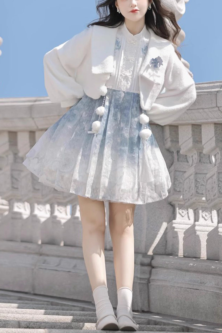 White/Blue Long Sleeves Print Ruffle Chinese Style Princess Sweet Lolita Jsk Dress Set