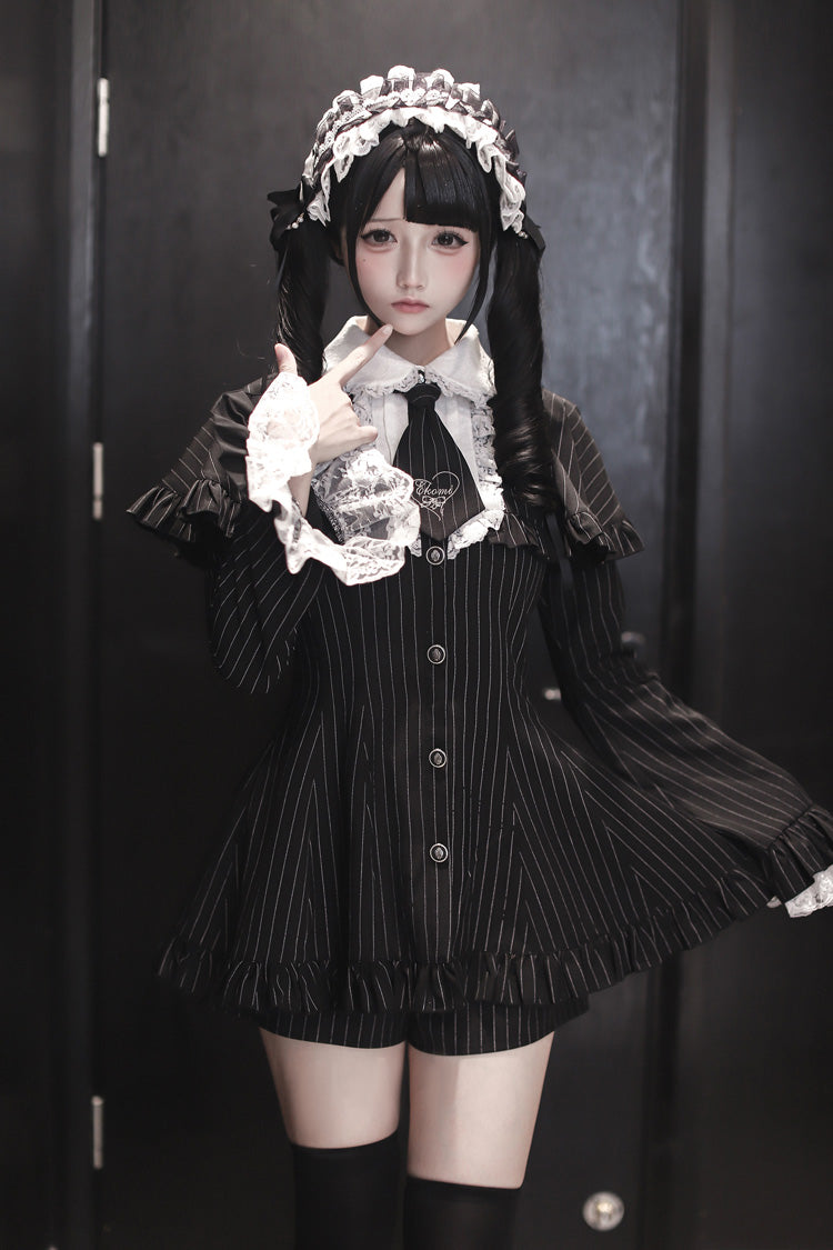 Black Lapel Collar Long Hime Sleeves Striped Printed Ruffled Japanese Gothic Jirai Kei Dress Set