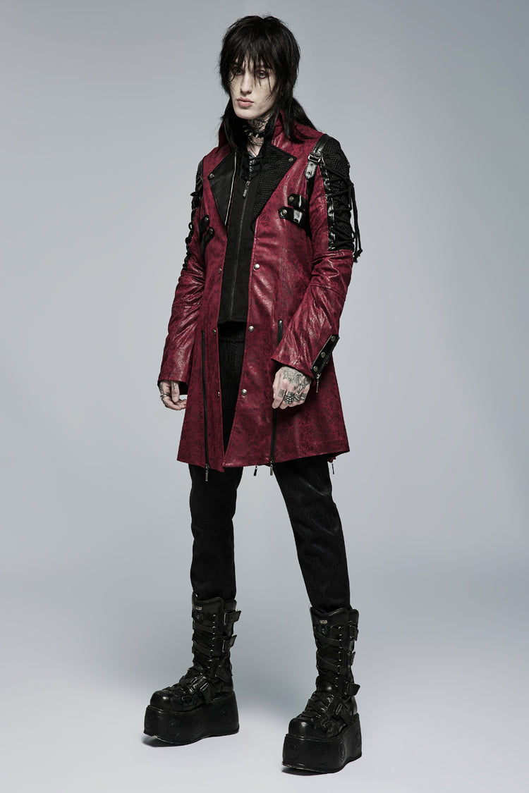 Red Metal Buckle Decoration Zipper Mens Steampunk Windbreaker Coat