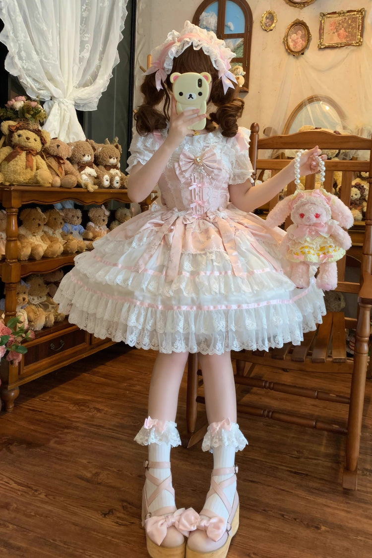 Pink [Snow Kissed Romance] Sleeveless High Waisted Multi-Layered Bowknot Lace Pearl Sweet Ballet Lolita Jsk Dress