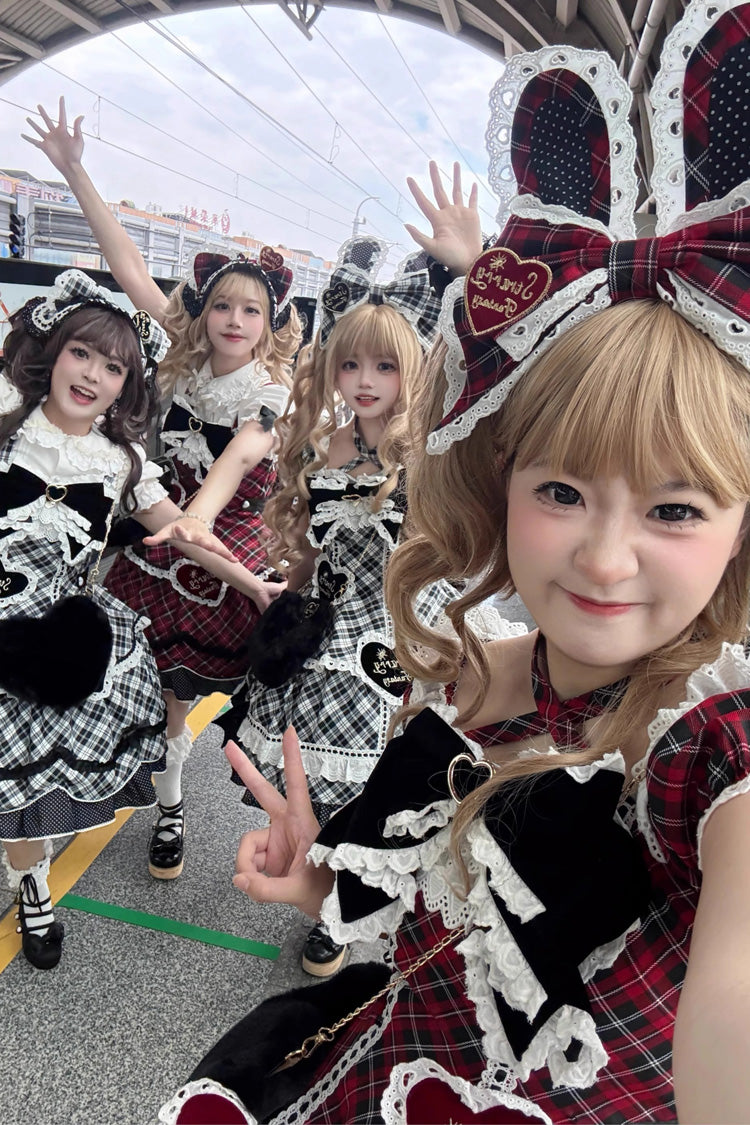 Red [Shibuya Sweetheart] Short Sleeves Plaid Print Ruffle Bowknot Sweet Lolita OP Dress (Plus Size Support)