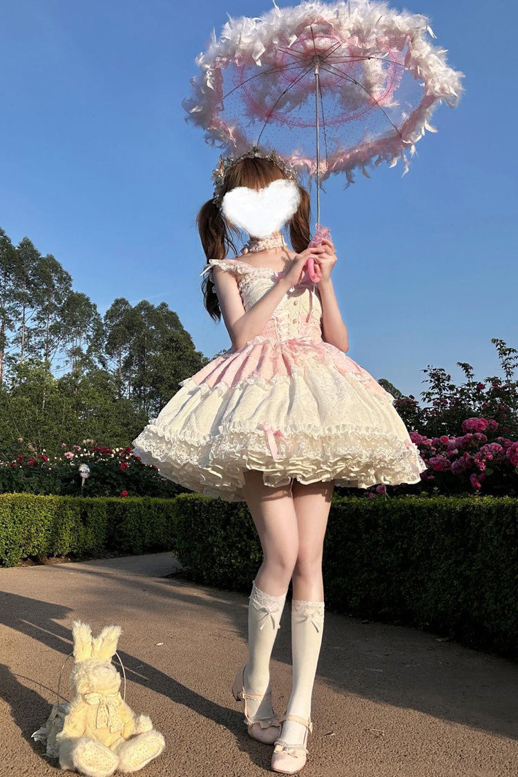 Pink [Leiffu] Sleeveless Ruffle Bowknot Lace Lace-Up Sweet Ballet Lolita Jsk Dress
