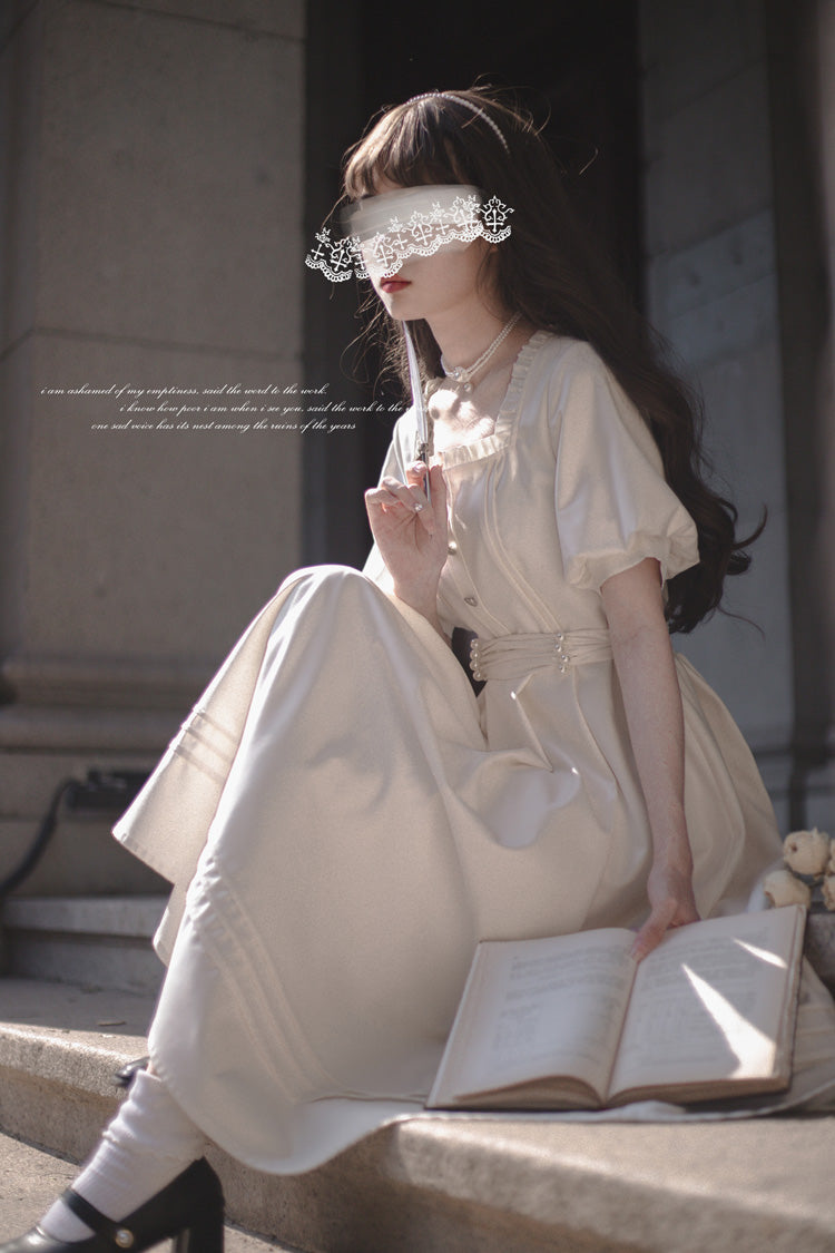 Apricot [Random Thoughts] Square Collar Short Sleeves Ruffle Classic Vintage Elegant Lolita Dress