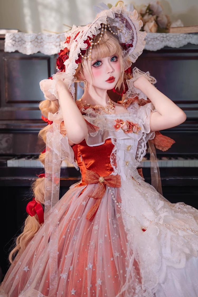 Red [Glazed Phantom] Off Shoulder Ruffle Hanayome Bowknot Lace Sweet Elegant Lolita Dress
