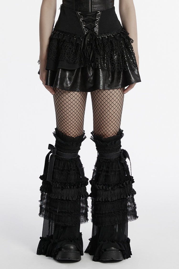 Jupe punk pour femme en maille à lacets et coutures multicouches noires 