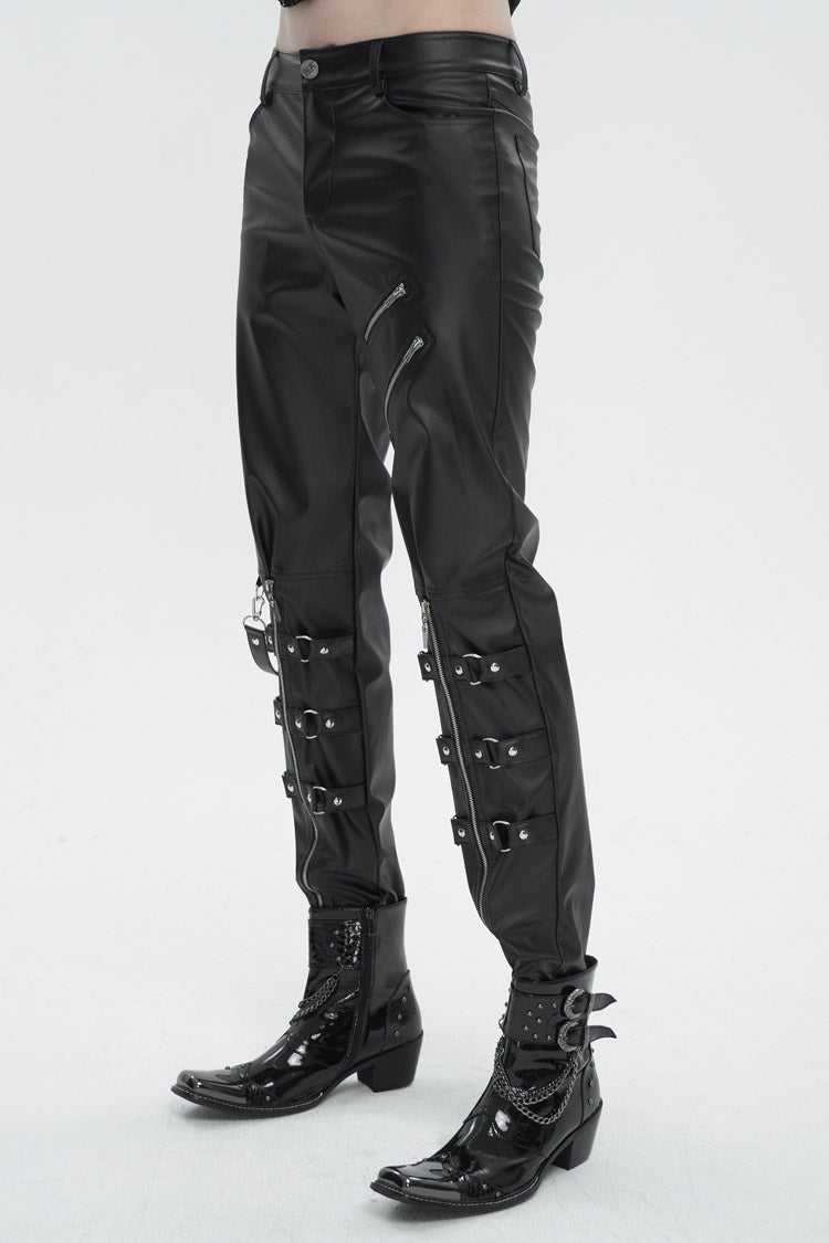Black Removable Right Side Zipper Faux Leather Men's Punk Pants