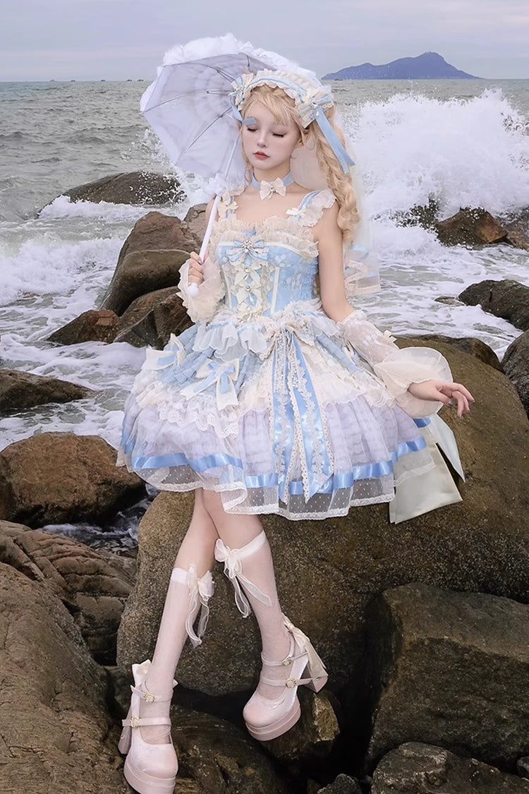 Blue [Moonstone] Sleeveless Ruffle Embroidery Bowknot Lace Fishbone Sweet Princess Lolita Dress