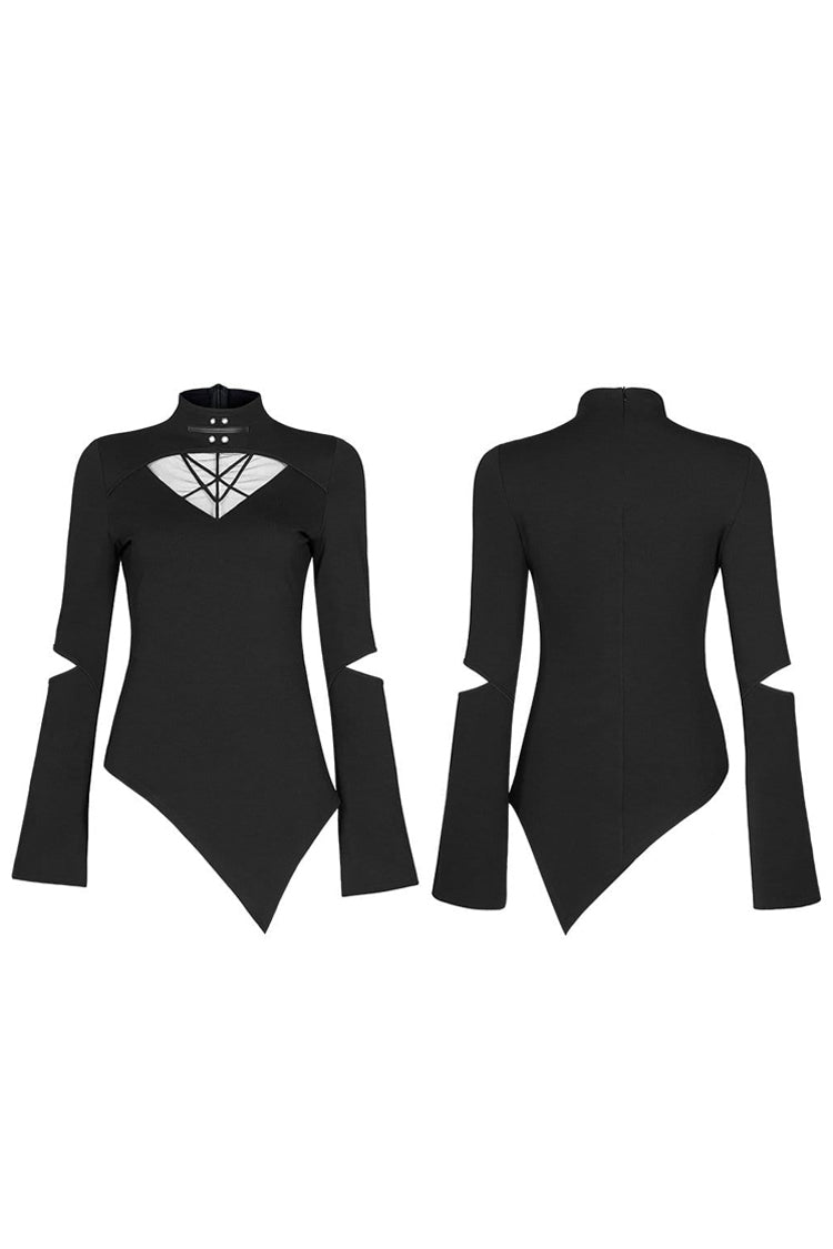 Black Gothic Stretch Knitted Fabric Spliced Geometric Mesh Design Women's Long Sleeve T-Shirt