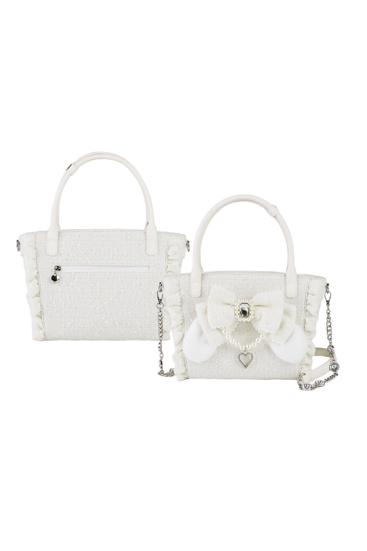 Sweet Ruffle Bowknot Zipper Pearl Chain Japanese Lolita Handbag 4 Colors