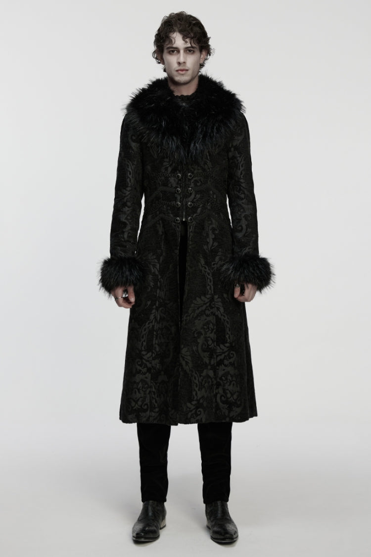 Black Fuax Fur Collar Long Sleeves Jacquard Zipper Men's Gothic Coat