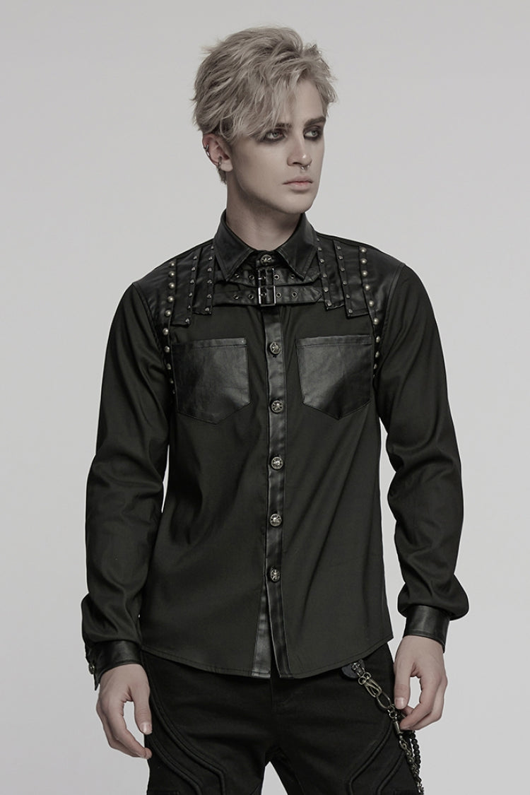 Schwarze Reverskragen Langarm Kunstleder Naht Schnalle Herren Punk Bluse 