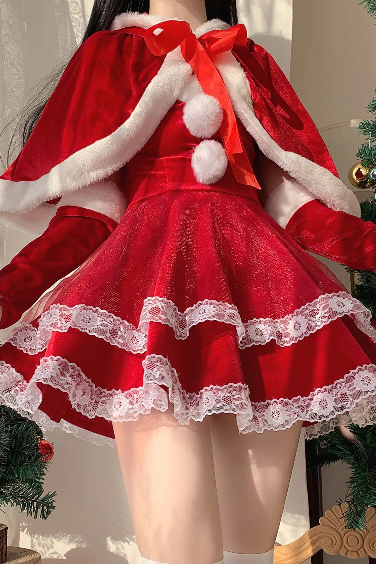 レッド [クリスマスと新年] 二重フリル蝶結びレース スウィート 日本のロリータ ストラップレス ドレス