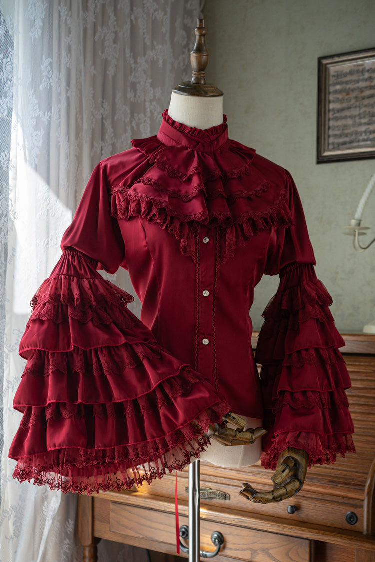 Blouse Lolita en dentelle à volants avec manches longues gothiques Hime - 2 couleurs 