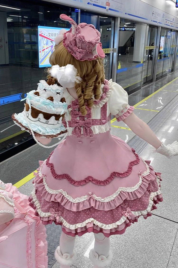 Pink [Bunny Parfait] Short Sleeves Multi-Layered Ruffle Bowknot Sweet Lolita Dress