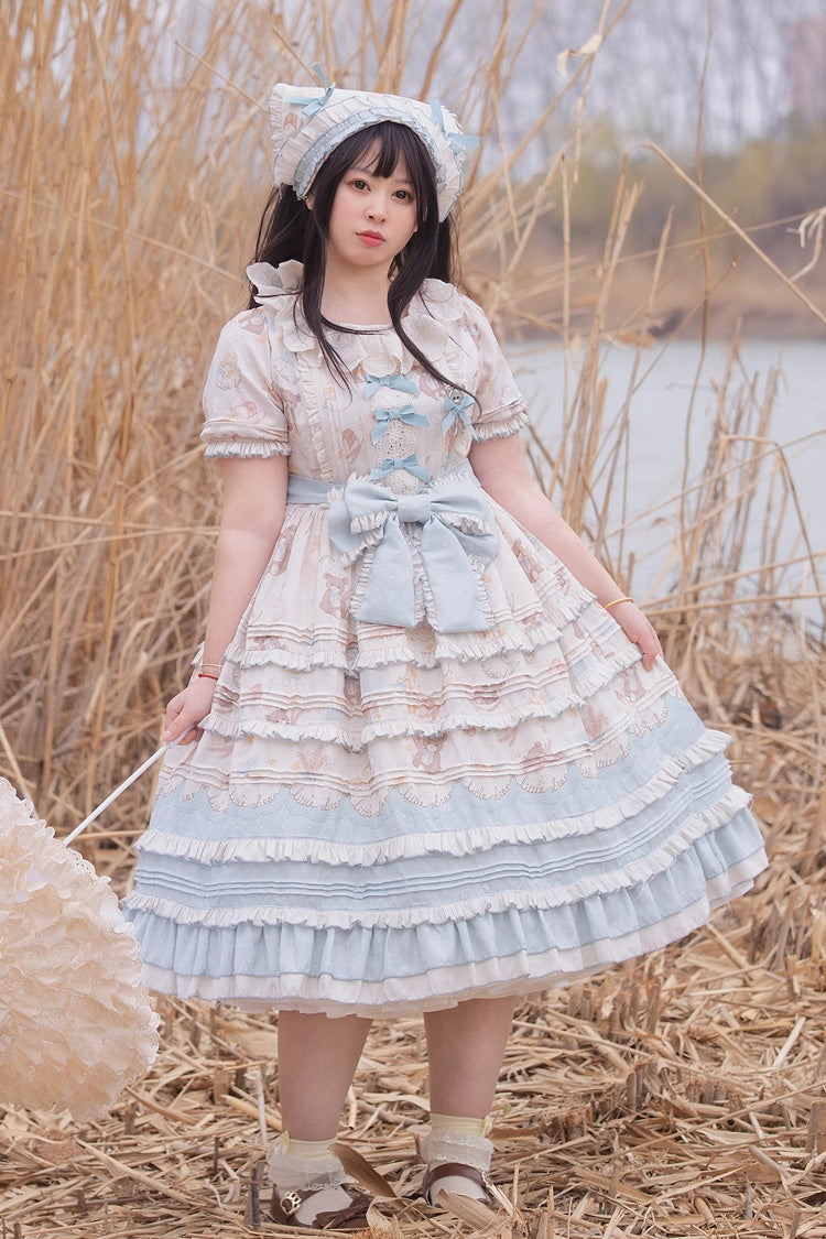 Blue/Apricot [Harvest Bear] Print Short Sleeves Multi-Layered Ruffle Bowknot Sweet Plus Size Lolita Dress 2 Versions