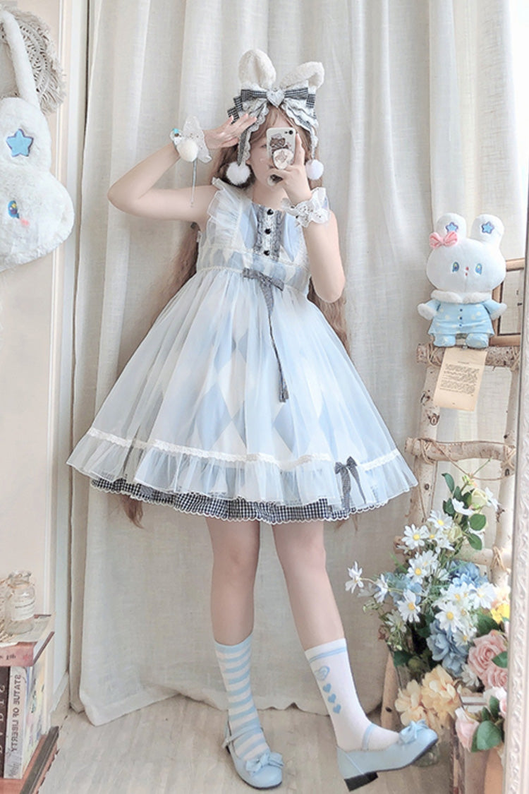 White/Blue Sleeveless Diamond Plaid Print Bowknot Alice Sweet Lolita JSK Dress