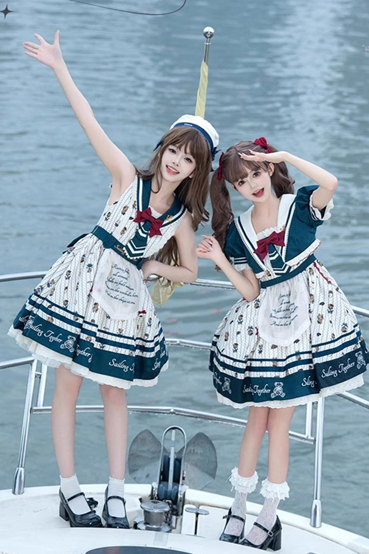 Robe Lolita Jsk Princesse Douce avec Imprimé Ours Bleu/Blanc, Volants et Nœud Marine 