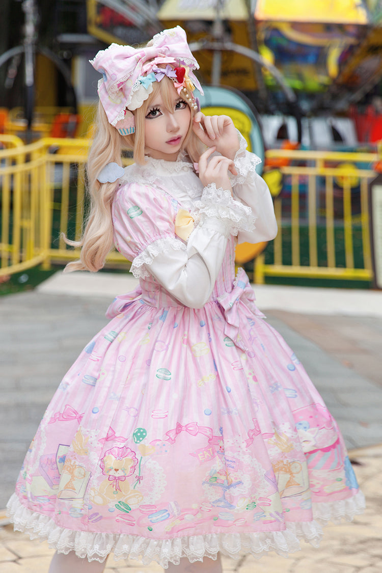 [Macaron Dolly House] Robe Lolita douce à col Claudine, manches courtes, imprimé nœud papillon, 3 couleurs 