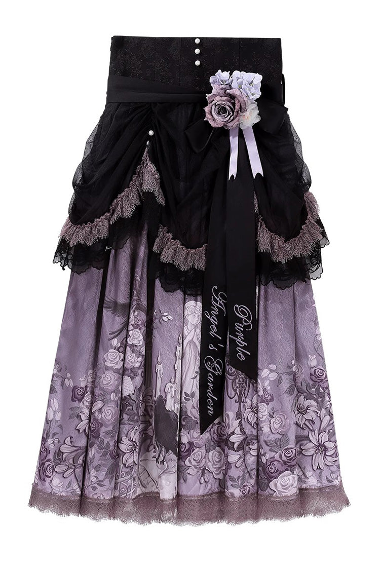 Black/Purple [Angel Garden] Sleeveless Print Ruffle Bowknot Lace Sweet Gothic Lolita Skirt Set