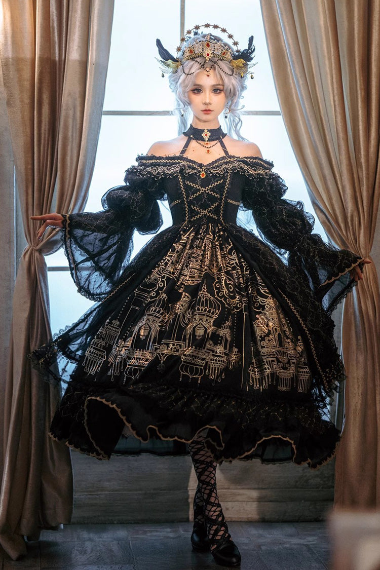 Black Multi-layer Print Coronation Salute Ruffle Hanayome Bowknot Gothic Lolita Dress Package