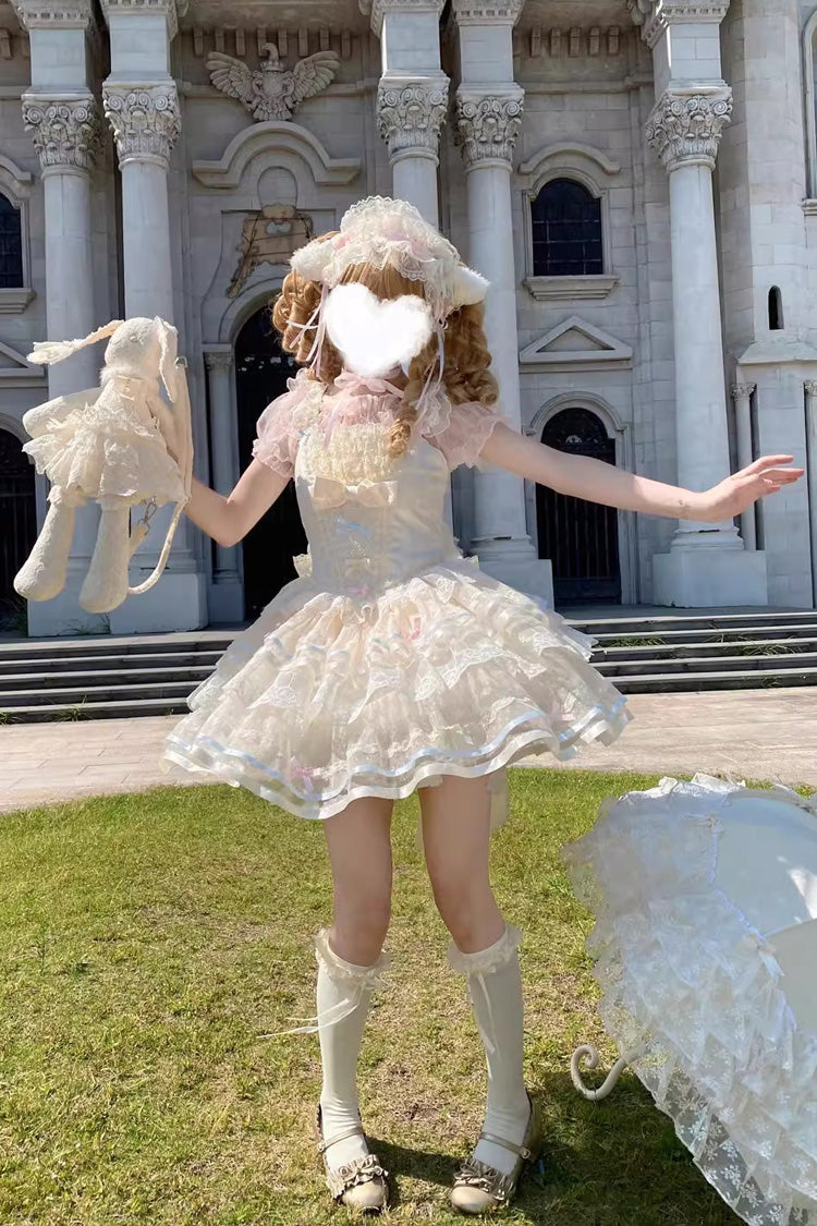 Apricot [Butterfly Heart Ballet] Triple-Layered Ruffle Bowknot Lace Sweet Ballet Lolita Jsk Dress