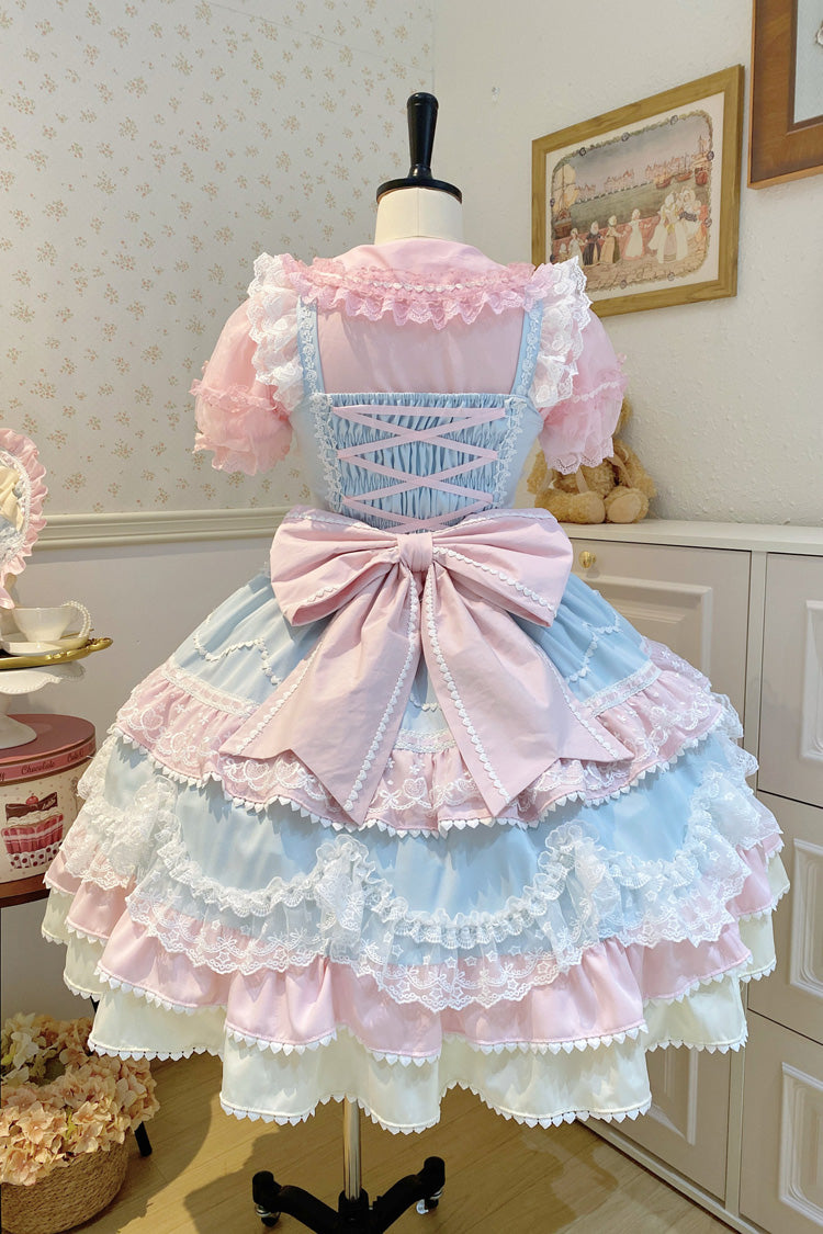 Robe Jsk Sweet Lolita en dentelle avec nœud à volants multicouches sans manches bleu/rose [gâteau fondant] 