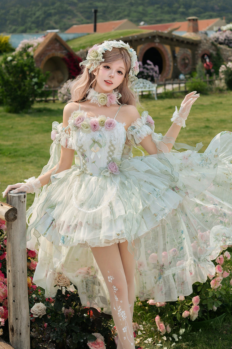 Green [Spring Rose] Sleeveless Multi-Layered Bowknot Lace-Up Fishbone Sweet Lolita Jsk Dress