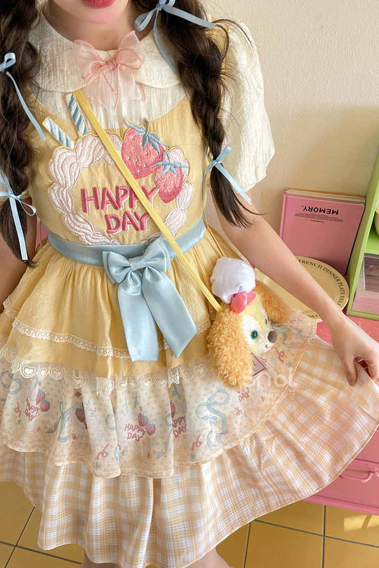 Yellow [Happy Day] Short Sleeves Triple-Layered Print Bowknot Lace Sweet Princess Lolita Dress