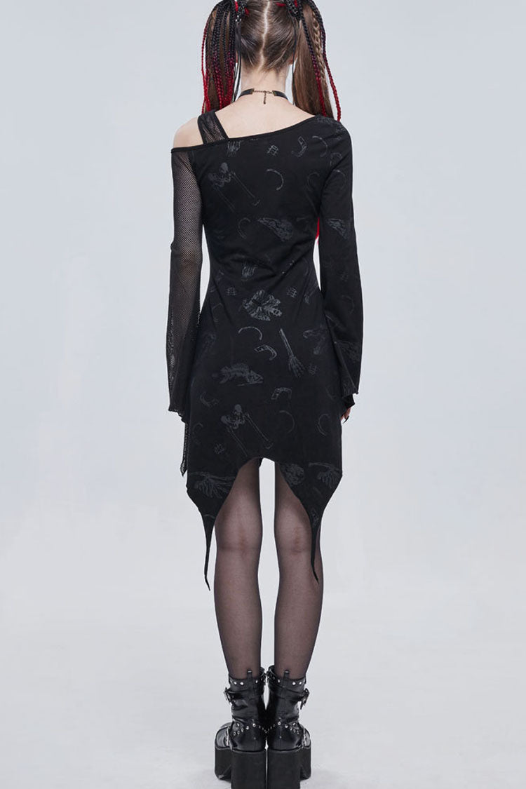 Black Gothic Off-The-Shoulder Graphic-Print Asymmetric Design Splicing Mesh Women's Dress