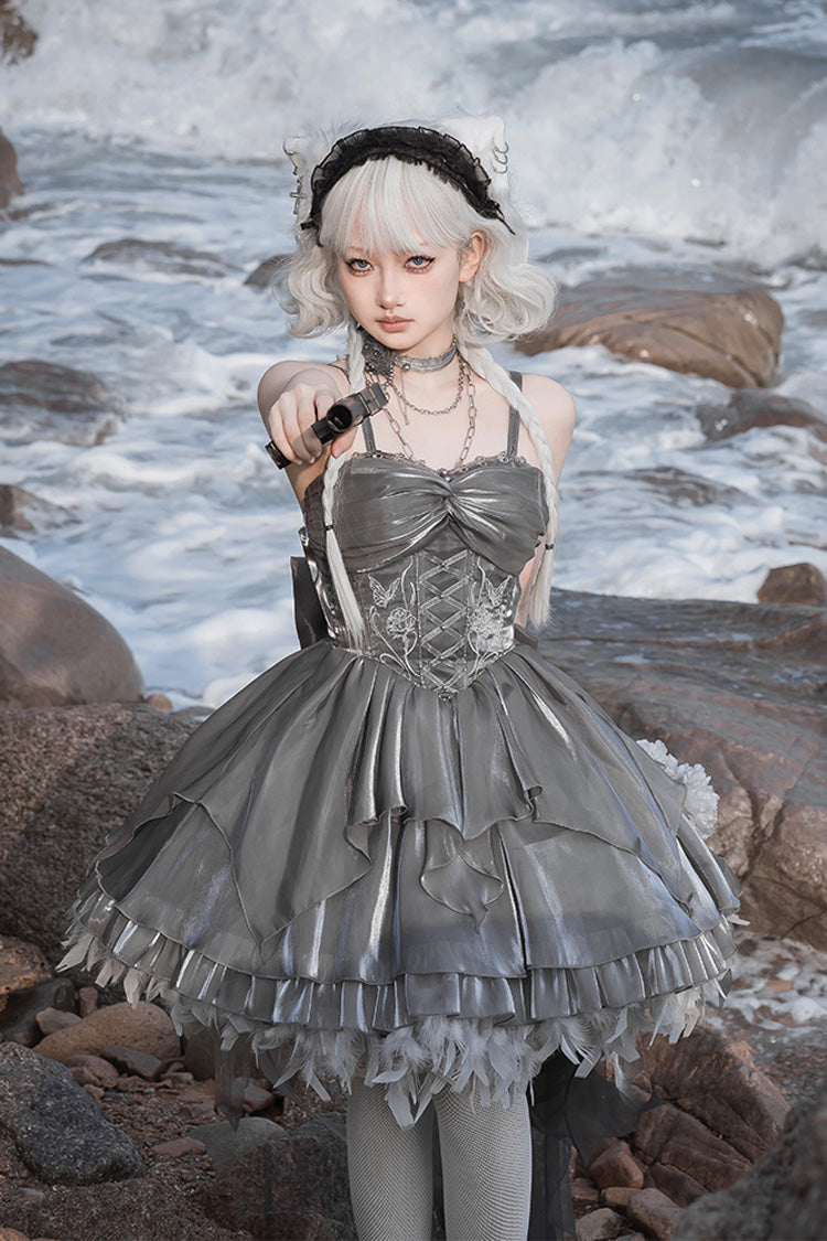 Silbergraues Rüschen-Bowknot-Halbinsel-Eisenbox-Ballett Süßes elegantes Prinzessin-Lolita-Jsk-Kleid