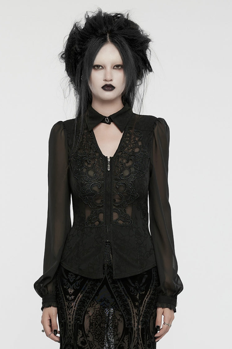 Black V Collar Long Puff Sleeves Embroidery Mesh Women's Gothic Blouse