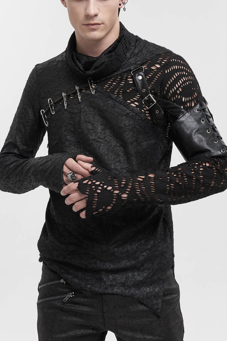 Black Fashion Printed Fabric Stitching Ripped Mesh Detachable Long Sleeve Men's Punk T-Shirt
