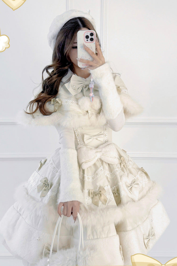 Aprikose [Hören Sie sich Winterwünsche an] Doppellagiges Schleifenband Spitze Süße Prinzessin Wunderschönes Lolita Stufenkleid mit Umhang 