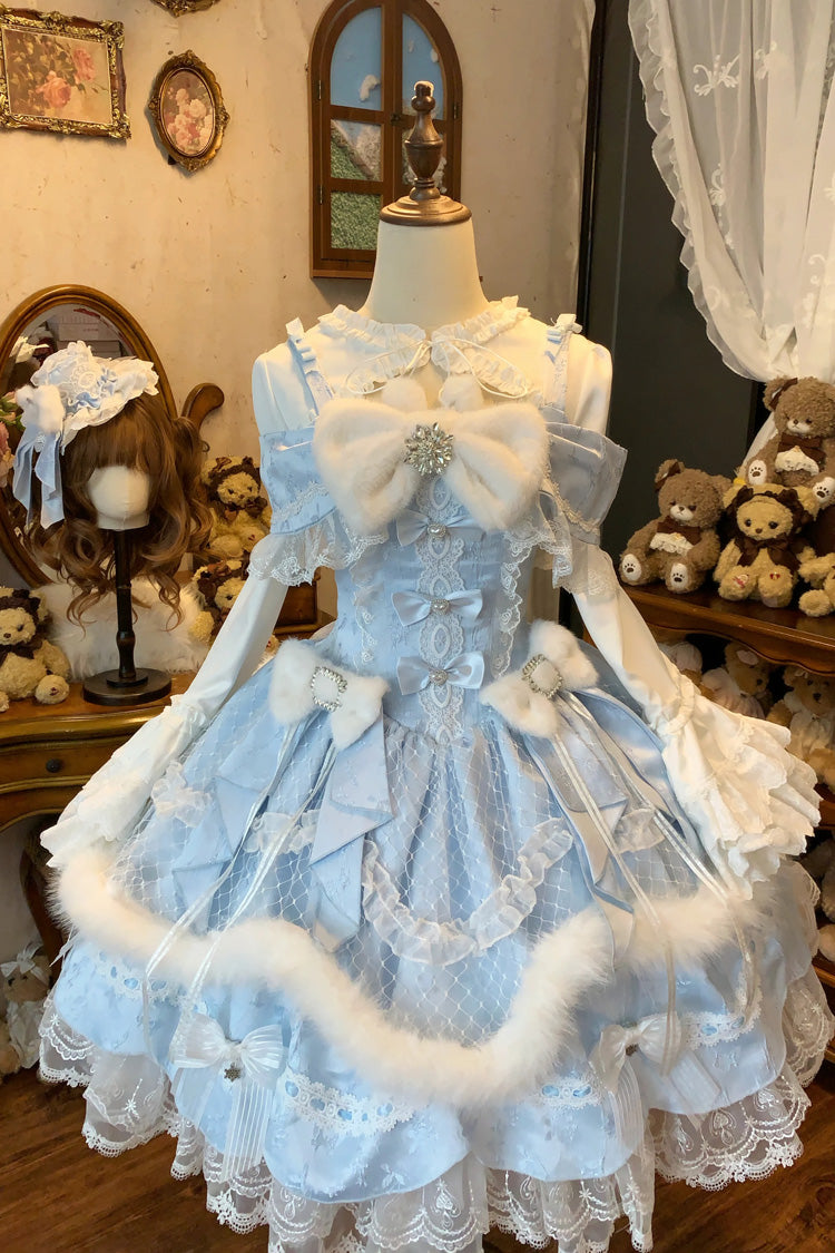 Blue [Snowfall Letter] Off Shoulder Sleeveless Faux Fur Bow Lace-Up Corset Waist Lace Ruffle Tiered Sweet Fall Winter Lolita JSK Dress