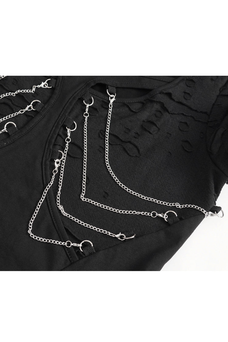Black Short Sleeves Hollow Ripped Women's Steampunk T-Shirt