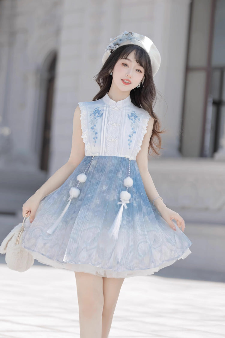 White/Blue Long Sleeves Print Ruffle Chinese Style Princess Sweet Lolita Jsk Dress Set