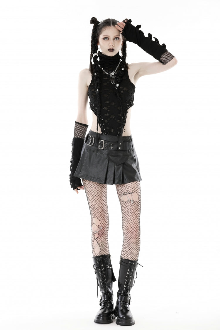 Mini jupe punk plissée en simili cuir noir avec ceinture en métal pour femme