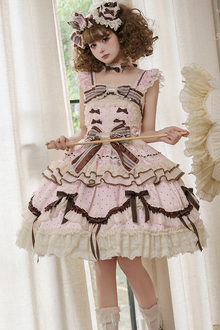 Pink [Shengqiao Tata] Sleeveless Print Ruffle Bowknot Lace-Up Sweet Elegant Lolita Jsk Dress