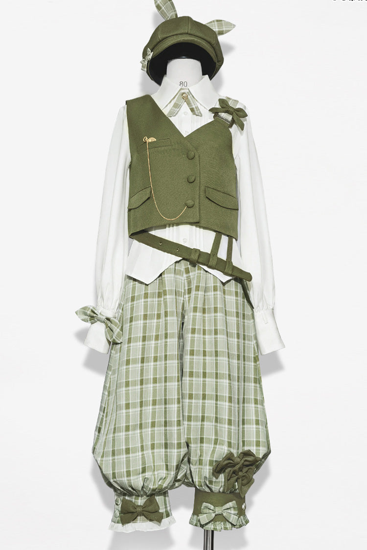 Matcha Green Plaid Pants Secret Morning Post Series Cute and Handsome Ouji Lolita Vest