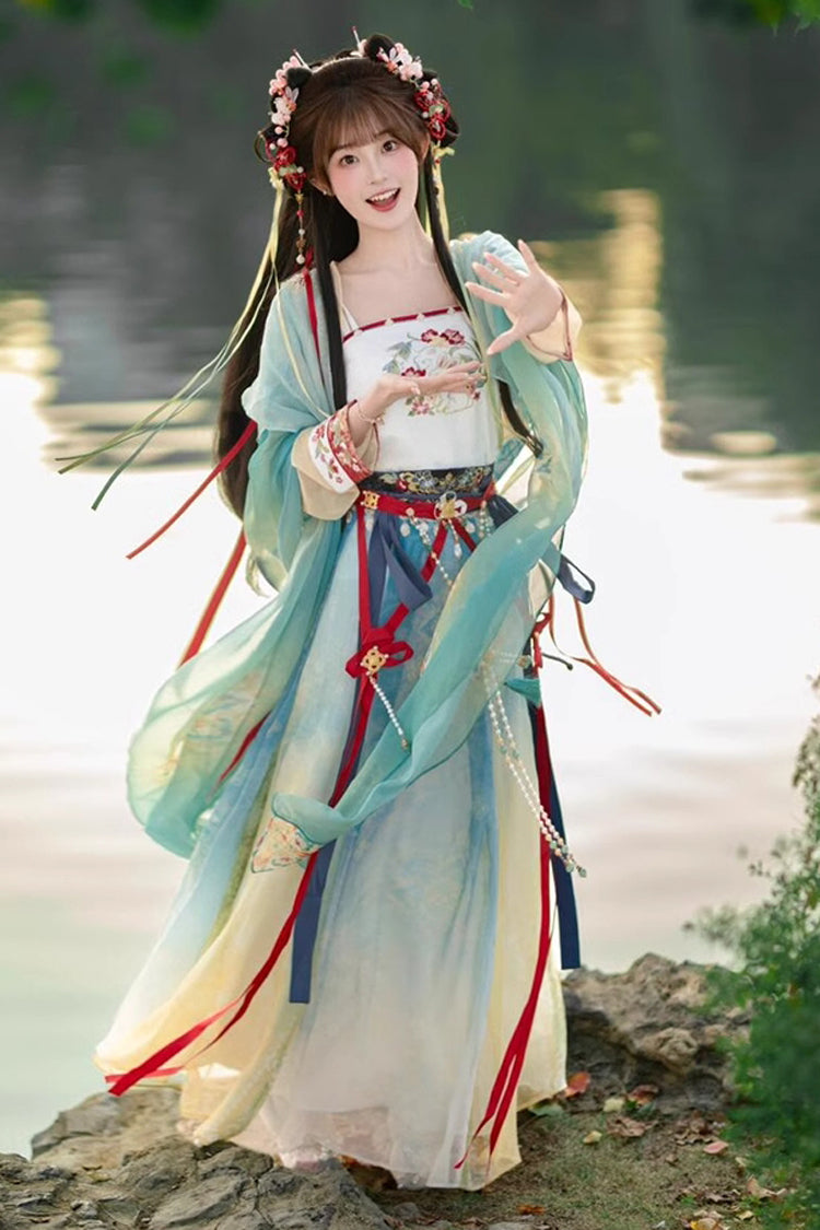 Multi-Color High Waisted Jacquard Print Slim Women's Sweet Hanfu Dress Full Set