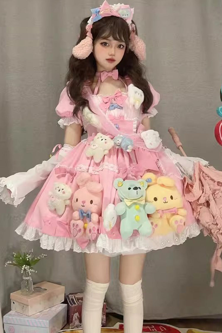 Pink Square Collar Print Doll Party Detachable Sleeves Ruffle Bowknot Sweet Princess Lolita Dress
