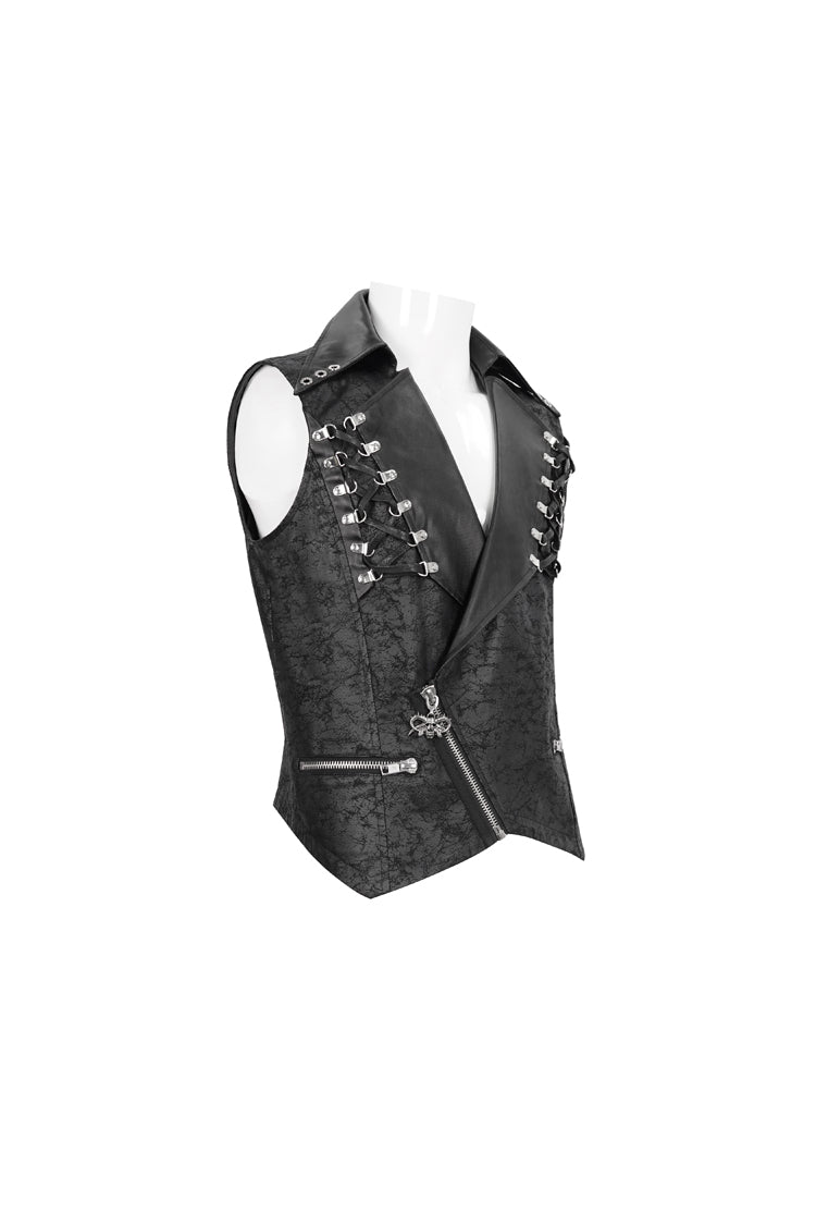 Black Lapel Fitted Atomized Crack Front Chest Crossover Rope Men's Punk Vest