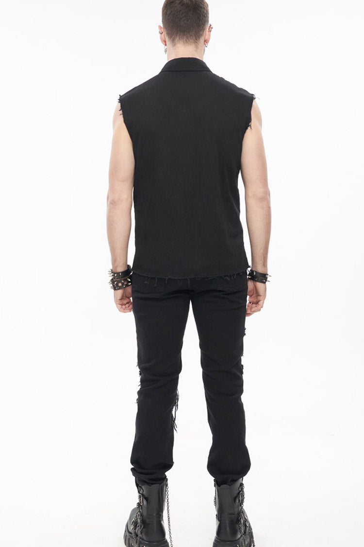 Black Punk Simple Everyday Stand Collar Print Sleeveless Men's Shirt