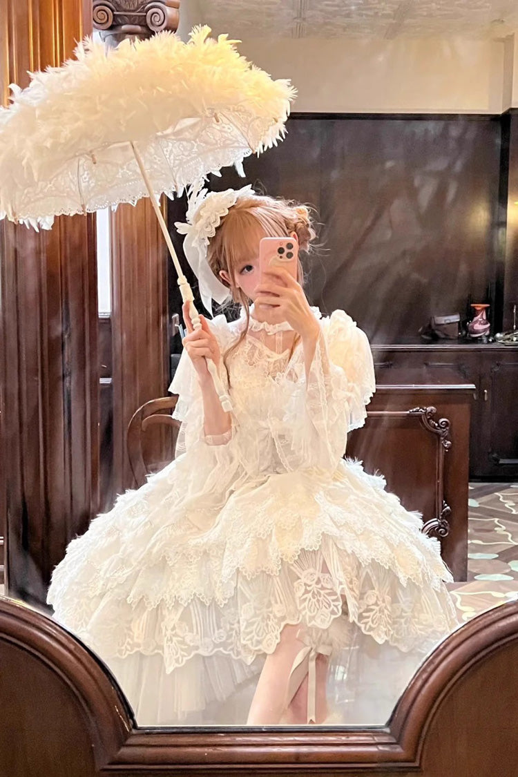White [Peacock Feather] Multi-Layered Ruffle Hanayome Cardigan Bowknot Lace Sweet Lolita Jsk Dress Set