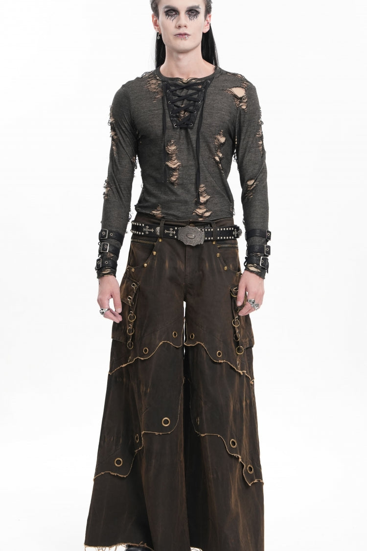 Pantalon gothique à poches pour hommes avec œillets café