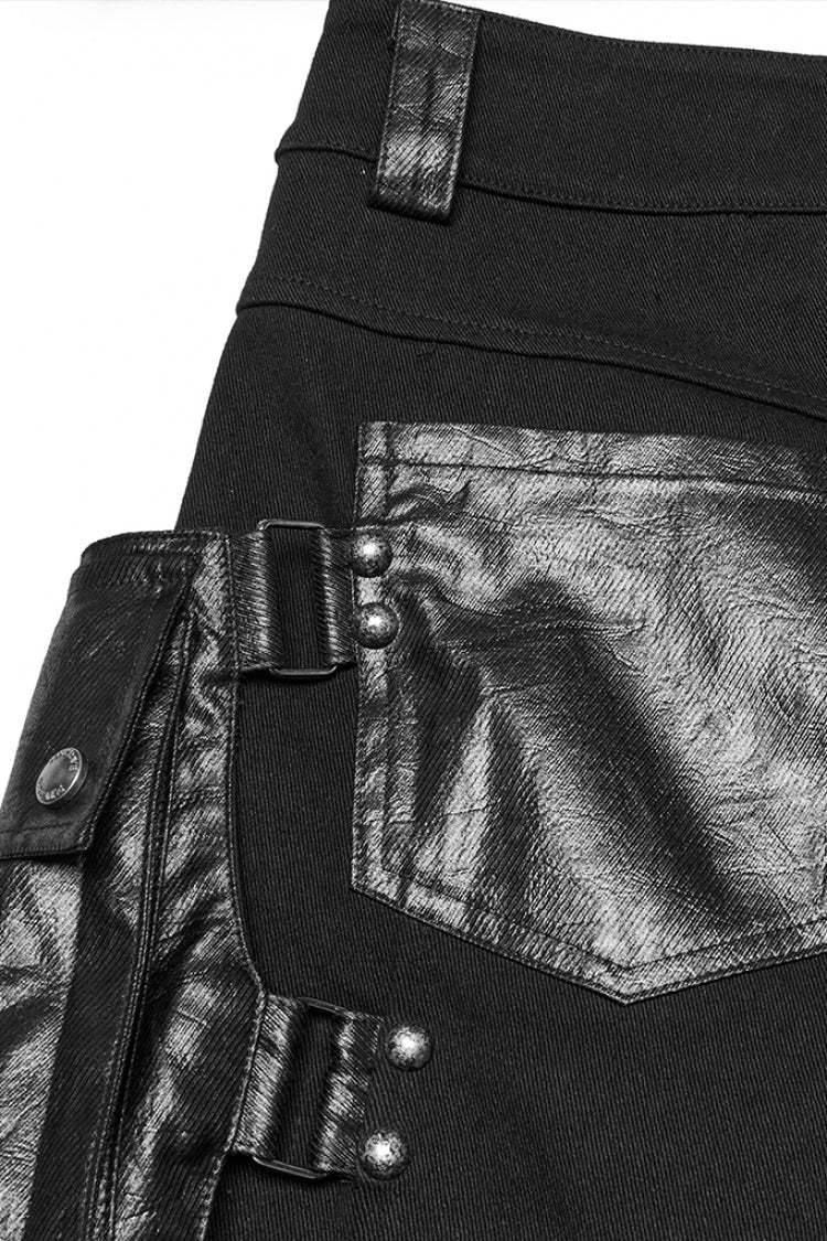 Black Big-pocket Faux Leather Stitching Men's Punk Shorts