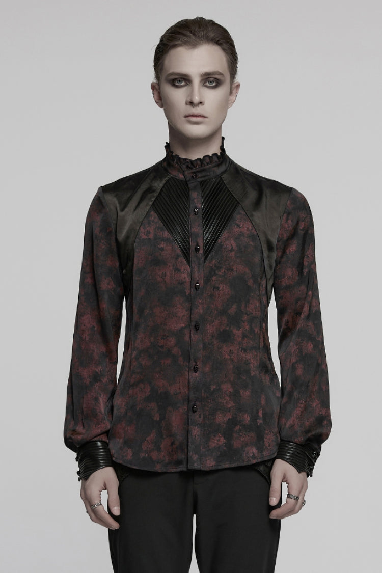 Schwarz/Rot Stehkragen Langarm Rüschen Falten Herren Gothic Bluse 