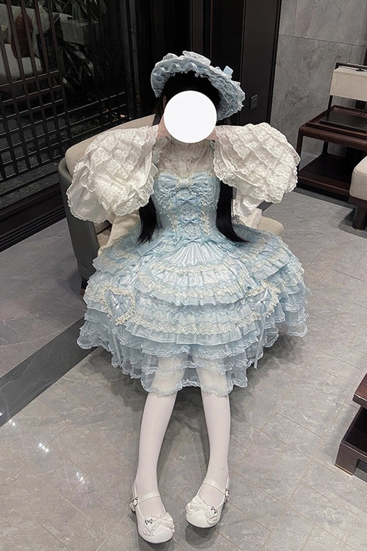 Robe Jsk Sweet Lolita en dentelle à nœud papillon broderie Hanayome à volants multicouches bleu [Sweetheart Diary] 