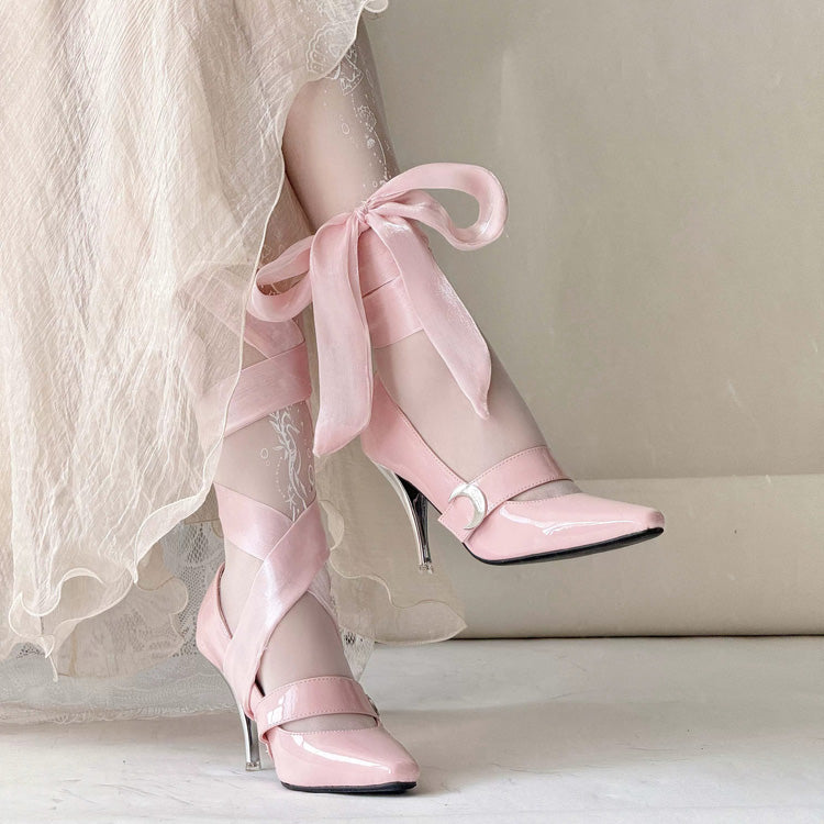 Chaussures à talons hauts Lolita élégantes et douces à lacets roses